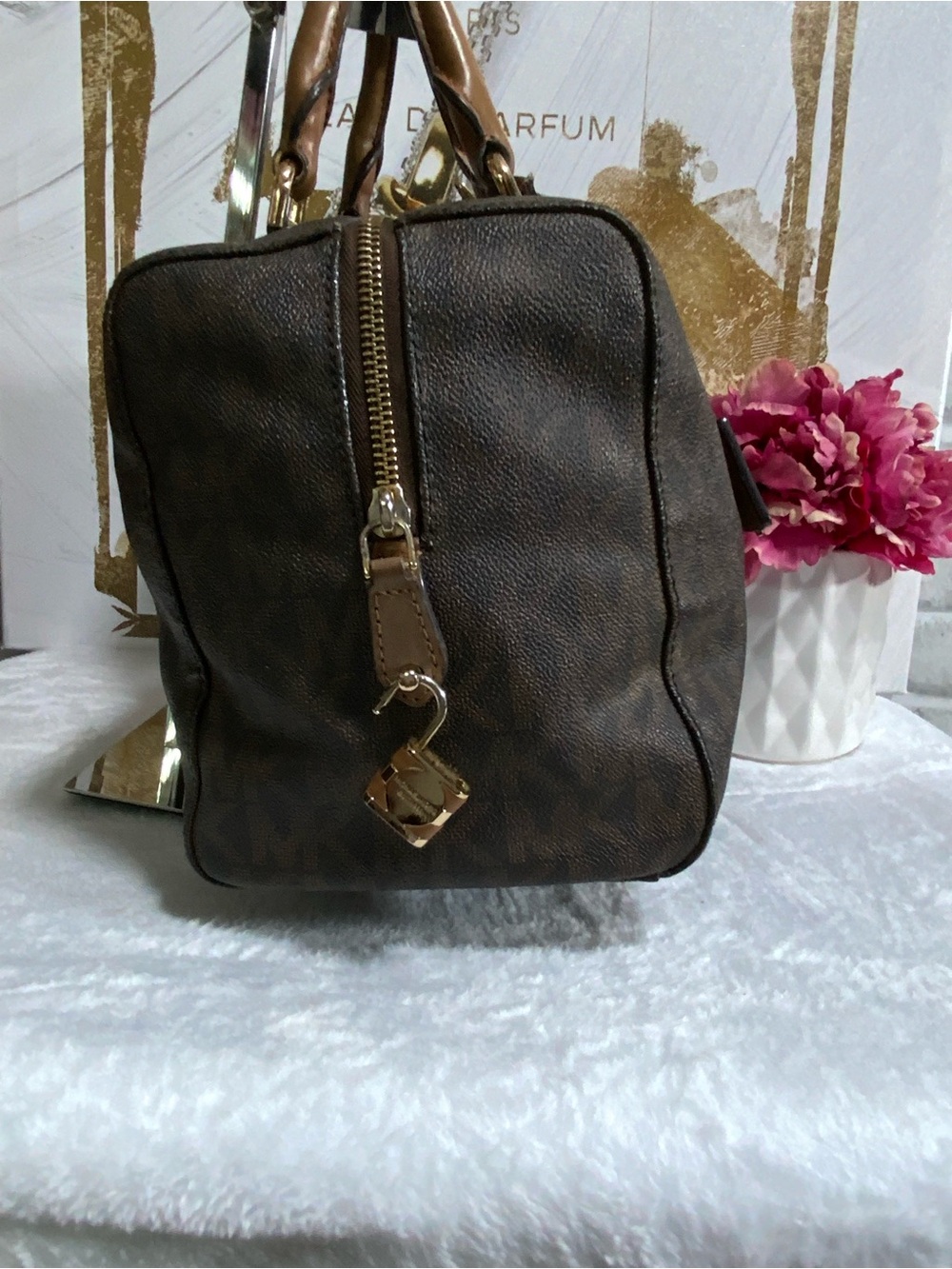 Michael Kors Dark Brown Monogram Satchel with Tan Handles - Picture 4 of 14